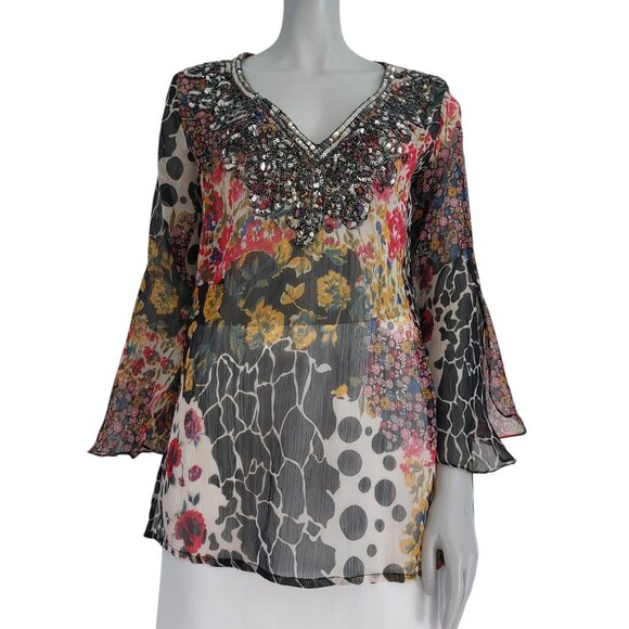 Vintage Y2K Top Medium Sheer Flowy Romeo Juliet Couture Multi Print Silky Sequin - Picture 3 of 16